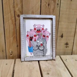 Illustration Artwork - Fairytale Art: Three Pigs and Cute Wolf - Alternative Story (15x19,5cm)