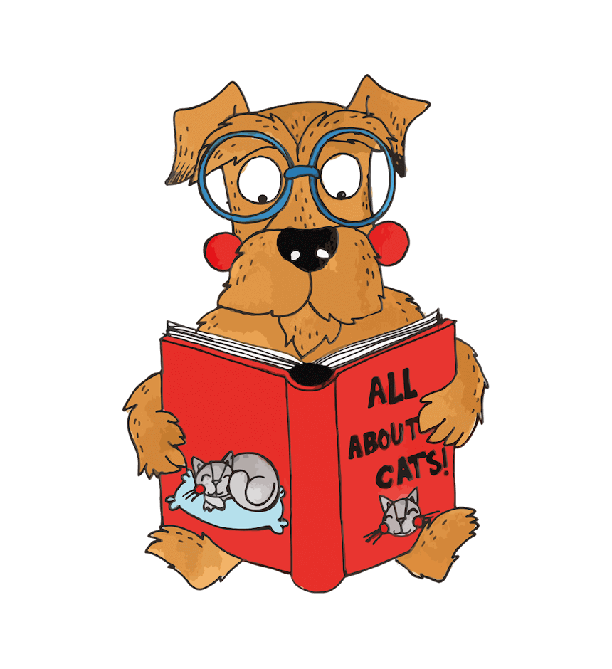 dog wearing glasses reading a book about cats.