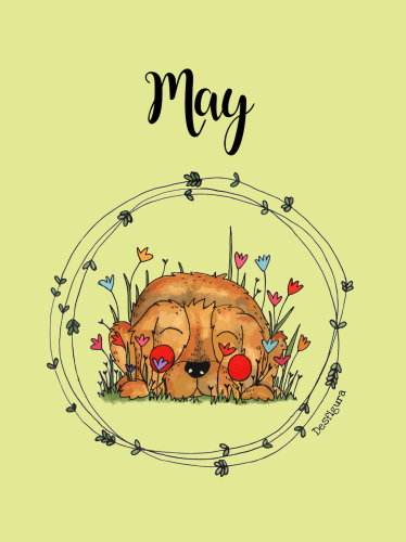 May - Happy Dog Smelling Flowers